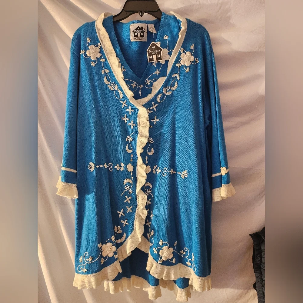 Storybook Knits Cardigan & Sleeveless Top Blue Xl Vintage Embroidery Long‎